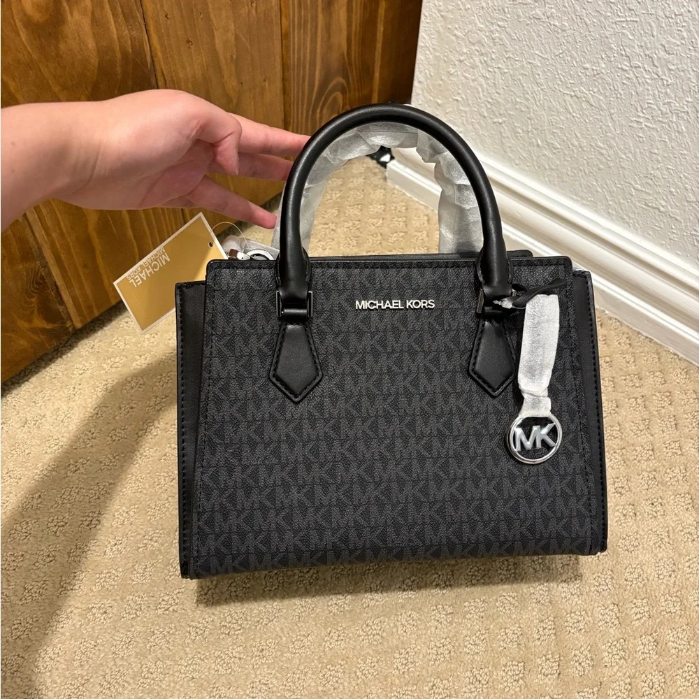 Michael Kors Black Logo Satchel with MK Charm - Picture 1 of 7